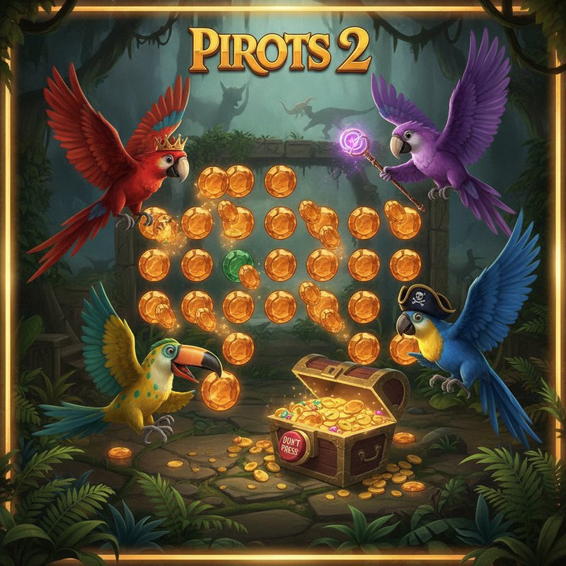 PIROTS 2 slot con cuatro aves coleccionistas de colores - ave roja con corona, ave morada con cetro, ave amarilla con manchas verdes y ave azul con gorro - recolectando gemas ámbar en cuadrícula de jungla prehistórica con cofre del tesoro y botón rojo DON'T PRESS
