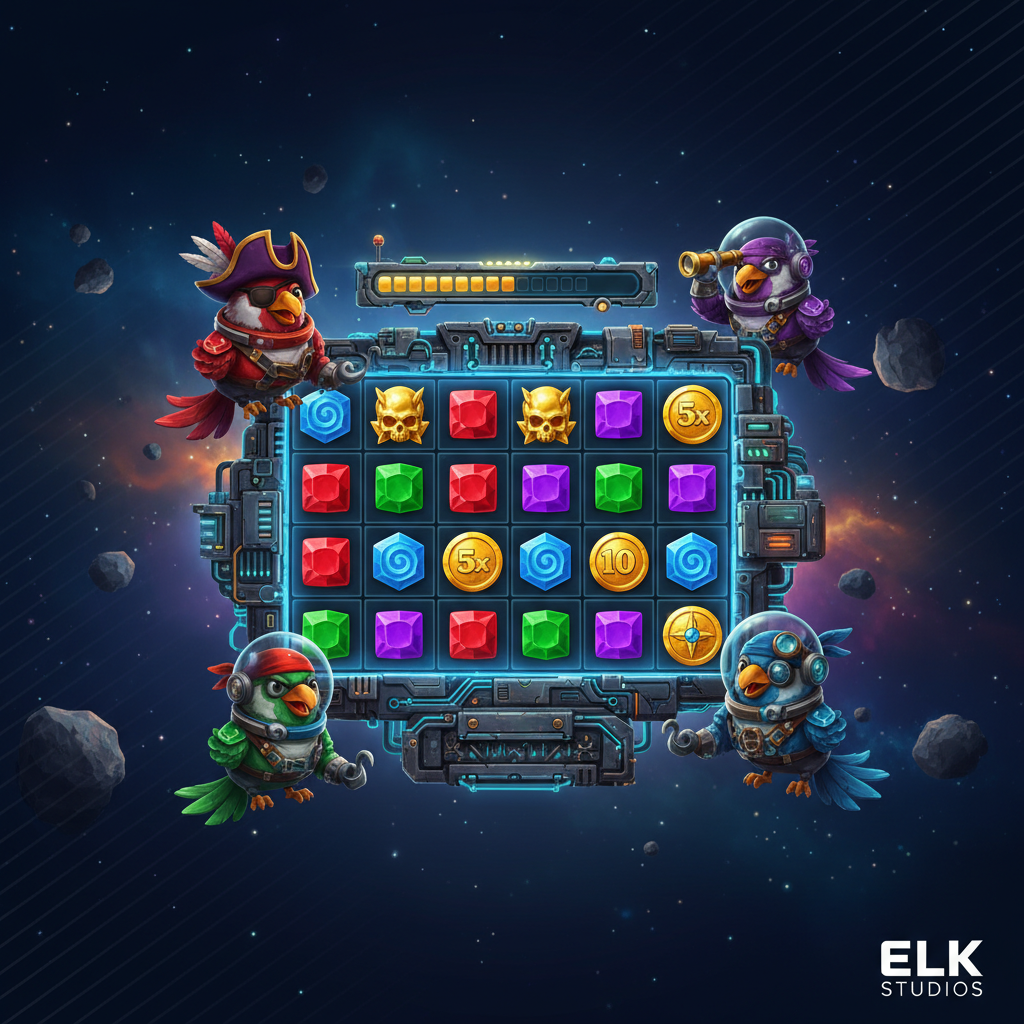 Pirots 4 slot de ELK Studios mostrando cuatro pájaros piratas espaciales en trajes de colores rojo, púrpura, verde y azul sobre una estación espacial metálica con campo de juego de 6x6 y fondo cósmico con nebulosas