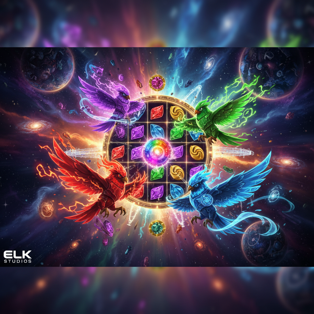 Pirots 5 The Rift of Eternity - cuatro aves crónicas en un universo colapsado con portales dimensionales, cristales de colores rojo púrpura verde y azul, grietas de realidad y tormentas galácticas de ELK Studios