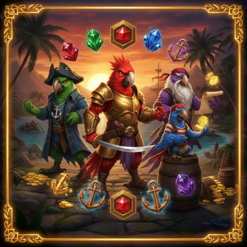 PIROTS slot con cuatro loros piratas: loro rojo guerrero con armadura, loro verde capitán con medallón de ancla, loro morado sabio con barba larga y loro azul marinero, junto a cristales de colores, monedas doradas, anclas de bonificación y barril de ron sobre fondo de isla tropical