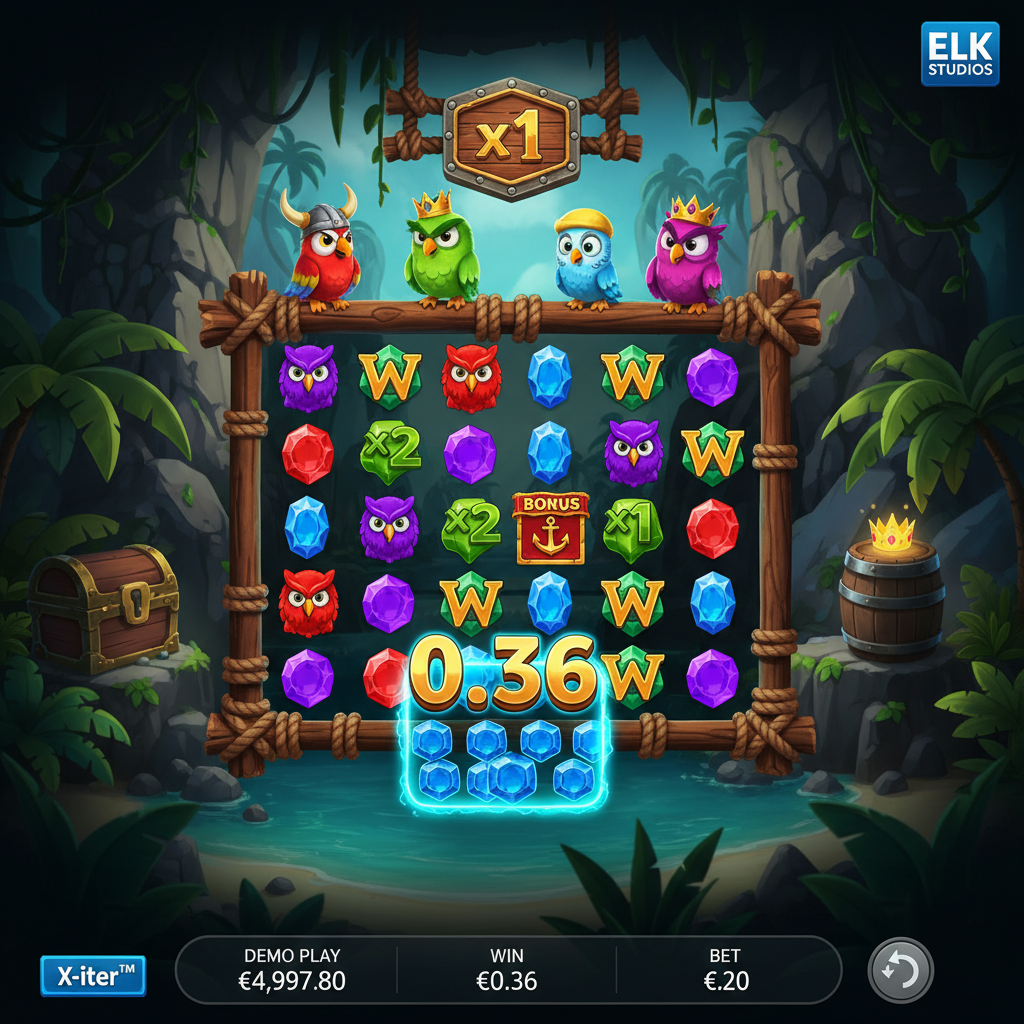 Pirots X slot de ELK Studios - cuatro loros piratas con coronas y cascos dorados sobre cuadrícula de juego 5x5, símbolos de búhos y gemas de colores, isla tropical con cofres del tesoro y anclas doradas