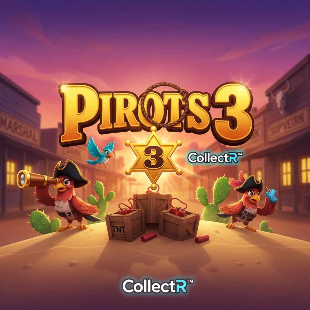 PIROTS 3 slot game featuring colorful pirate bird characters in wild west setting with golden PIROTS logo, sheriff star badge with number 3, TNT crates, cactus and sunset town background